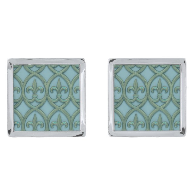 Blue And Green Fluer-de-lis Pattern Cufflinks (Front)