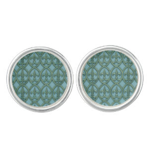 Blue And Green Fluer-de-lis Pattern Cufflinks