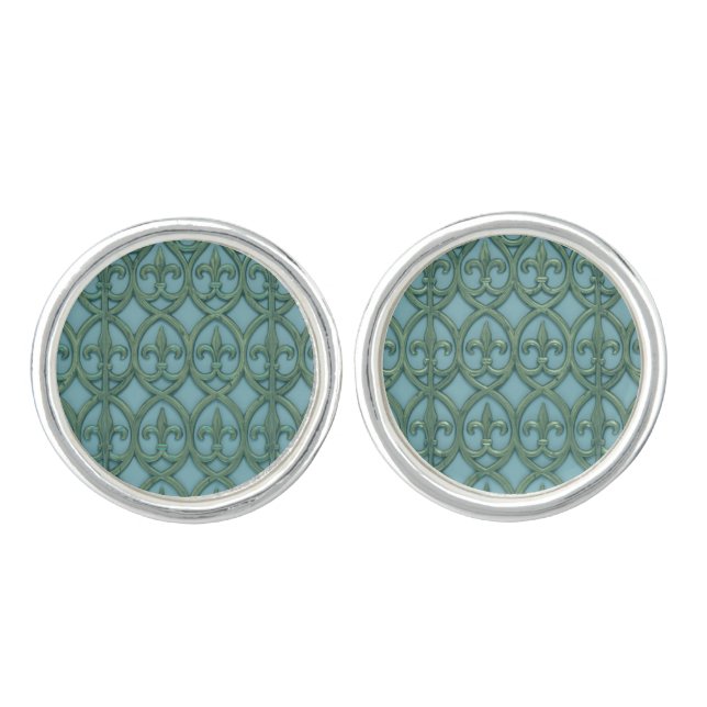Blue And Green Fluer-de-lis Pattern Cufflinks (Front)