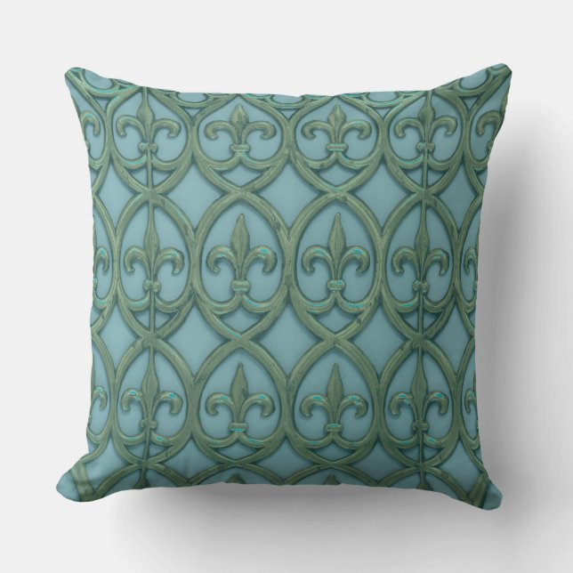 Blue And Green Fluer-de-lis Pattern Throw Pillow (Front)