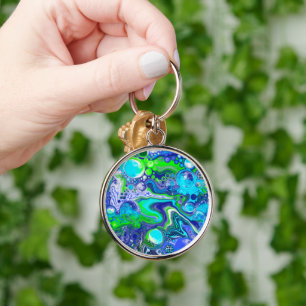 Blue and Green Fluid Art Pour Painting Effect Keychain