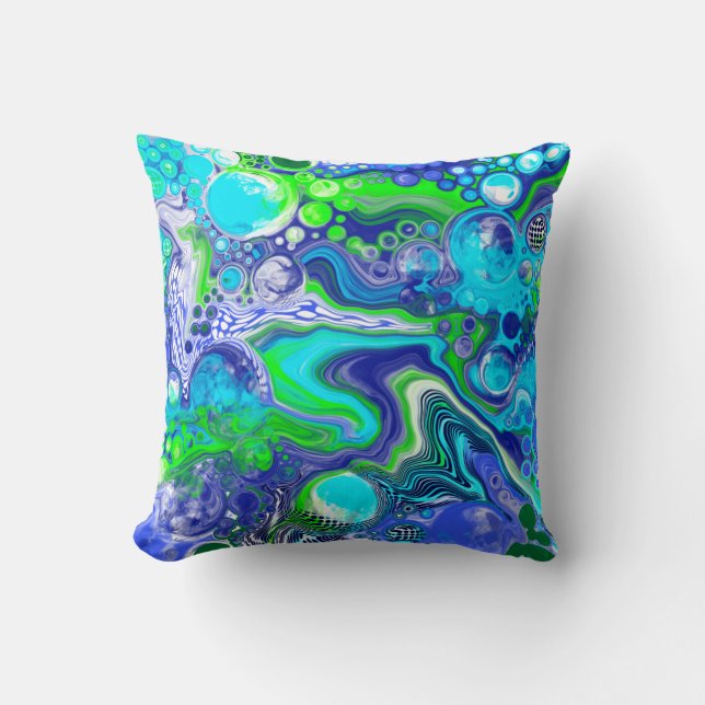 Blue and Green Fluid Art Pour Painting Effect Throw Pillow (Front)