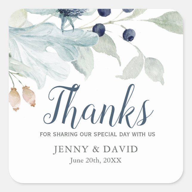 Blue and Green Foliage for Winter Theme Wedding Sq Square Sticker (Front)