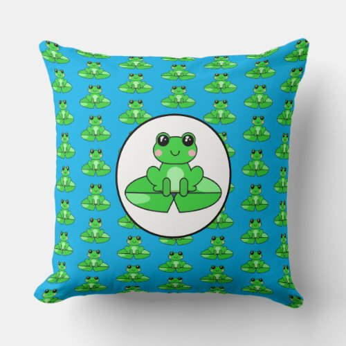 Blue and Green Frog Themed  Throw Pillow