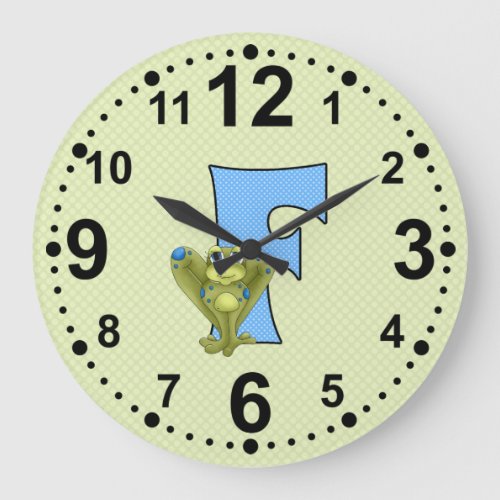 Blue and Green Frog with Polka Dots and Letter F L Large Clock