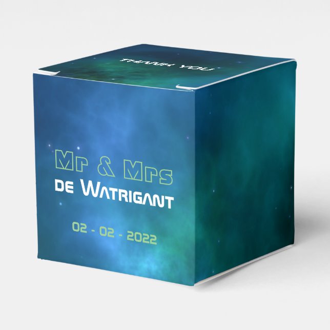 Blue and Green Galaxy Wedding Favor Boxes (Front Side)