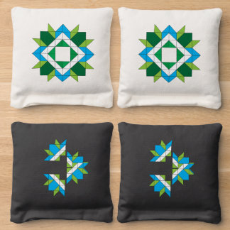Blue and Green Geometric Quilt Star Pattern Cornho Cornhole Bags
