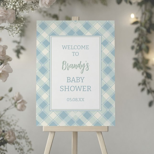 Blue and Green Gingham Baby Shower Welcome Sign (Gingham Plaid baby Shower Welcome Sign)