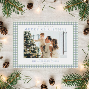 Blue and Green Gingham Christmas Photo Holiday Card