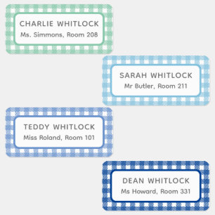 Blue and Green Gingham Plaid Four Kid School Labels