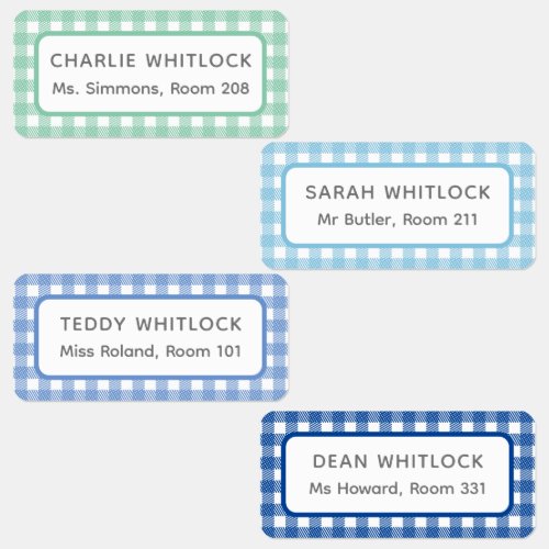 Blue and Green Gingham Plaid Four Kid School Labels