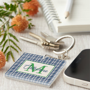 Blue and Green Gingham Plaid Tartan Monogram Keychain