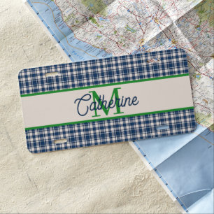 Blue and Green Gingham Plaid Tartan Monogram License Plate