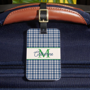 Blue and Green Gingham Plaid Tartan Monogram Luggage Tag