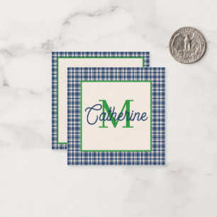 Blue and Green Gingham Plaid Tartan Monogram Note Card