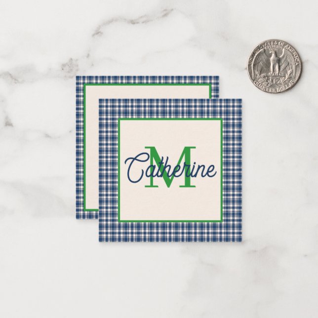 Blue and Green Gingham Plaid Tartan Monogram Note Card (Front/Back In Situ)