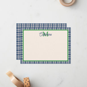 Blue and Green Gingham Plaid Tartan Monogram Note Card