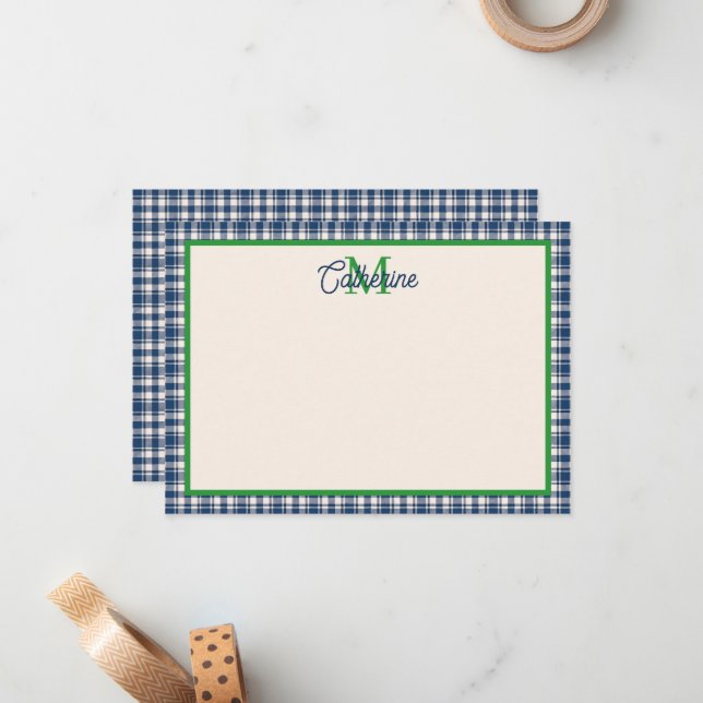 Blue and Green Gingham Plaid Tartan Monogram Note Card (Front/Back In Situ)