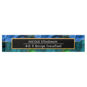 Blue and Green Glitter Peacock Agate Desk Name Plate