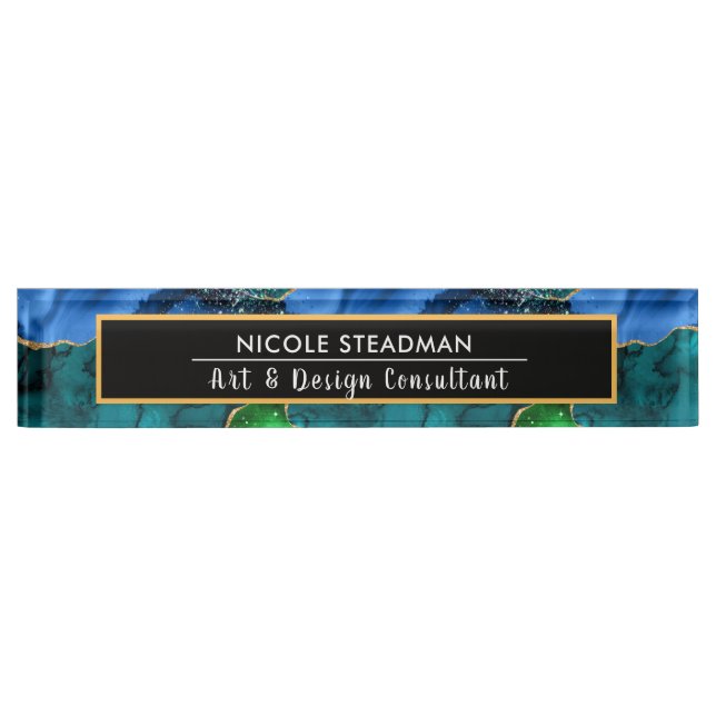 Blue and Green Glitter Peacock Agate Desk Name Plate (Front)