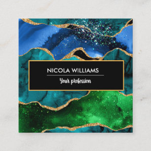 Blue and Green Glitter Peacock Agate Square Business Card