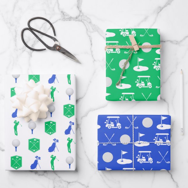 Blue and Green Golf Icons Wrapping Paper Sheets (Front)