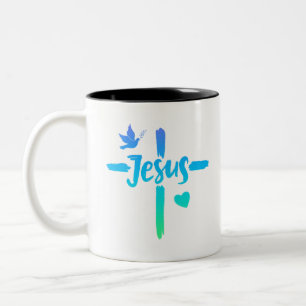 Blue And Green Gradient  Jesus Cross Christian  Two-Tone Coffee Mug