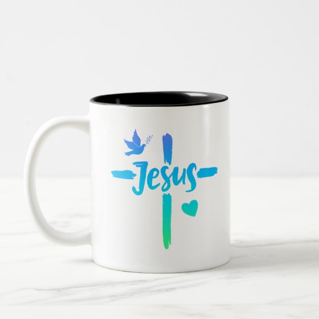 Blue And Green Gradient  Jesus Cross Christian  Two-Tone Coffee Mug (Left)