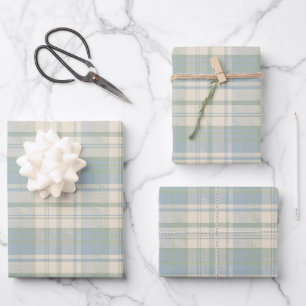 Blue and Green Grandmillennial Plaid Pattern Wrapping Paper Sheets