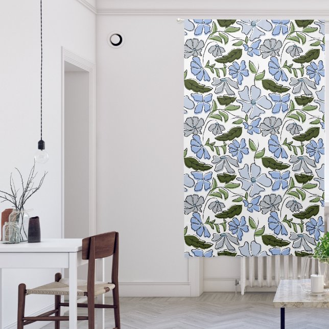 Blue and Green Hand Drawn Floral Block Print Blackout Curtains (Living Room)