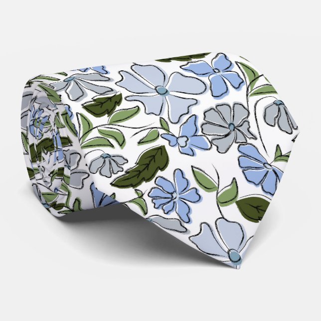 Blue and Green Hand Drawn Floral Block Print Neck Tie (Rolled)