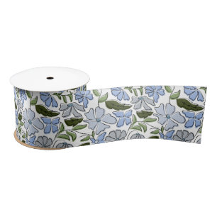 Blue and Green Hand Drawn Floral Block Print Satin Ribbon