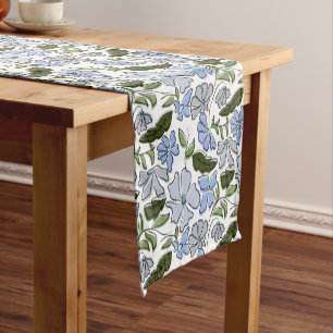 Blue and Green Hand Drawn Floral Block Print Short Table Runner