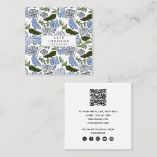 Blue and Green Hand Drawn Floral Block Print Square Business Card