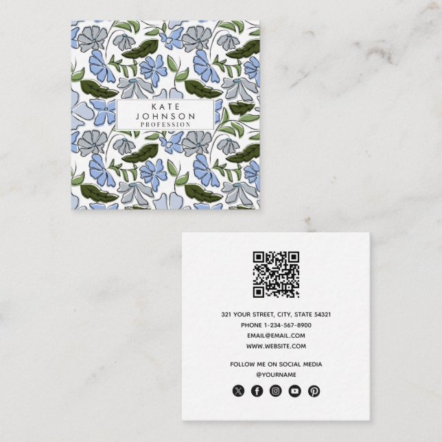 Blue and Green Hand Drawn Floral Block Print Square Business Card (Front/Back)
