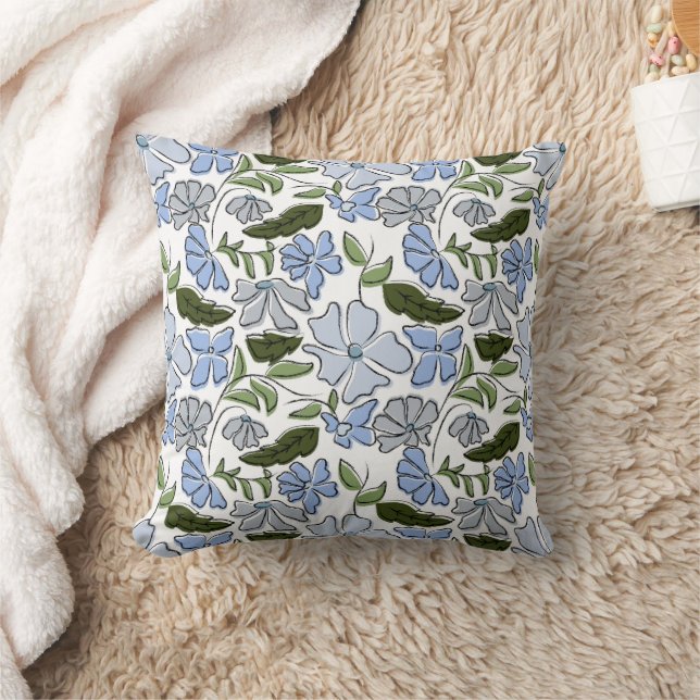 Blue and Green Hand Drawn Floral Block Print Throw Pillow (Blanket)