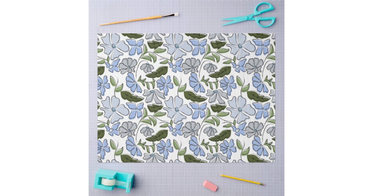 Blue and Green Hand Drawn Floral Block Print Tissue Paper | Zazzle