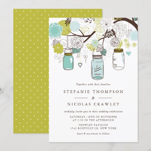 Blue Mason Jars and Flowers Wedding Invitations
