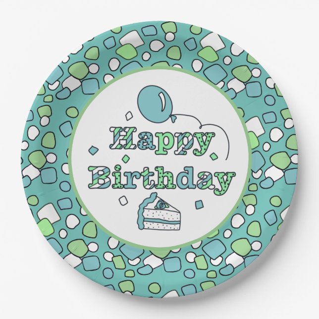 Blue and Green Happy Birthday Paper Plates (Front)