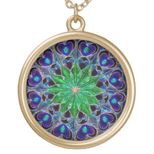 Blue and Green Hearts Mandala Boho Gold Plated Necklace