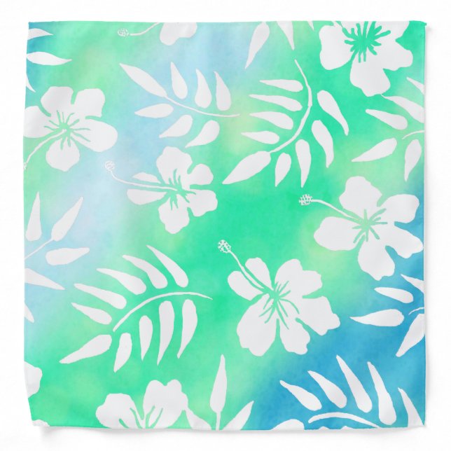 Blue and Green Hibiscus Tropical Aloha Floral Bandana (Front)