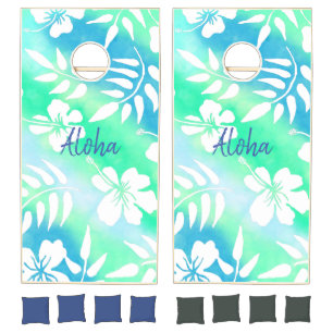 Blue and Green Hibiscus Tropical Aloha Floral Cornhole Set