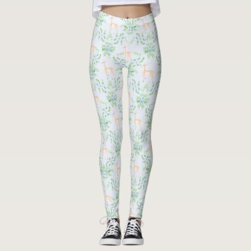 Blue and Green Holly Trellis with Deer Leggings