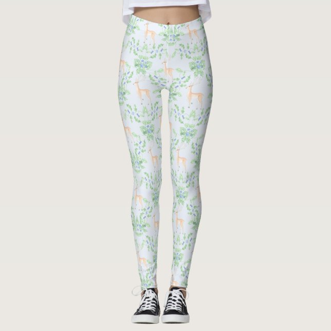 Blue and Green Holly Trellis with Deer Leggings (Front)