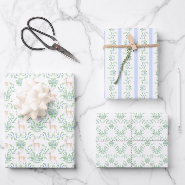 Blue and Green Holly Trellis with Deer Wrapping Paper Sheets (Front)