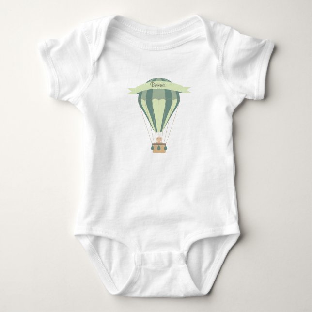 blue and green hot air balloon personalized baby bodysuit (Front)