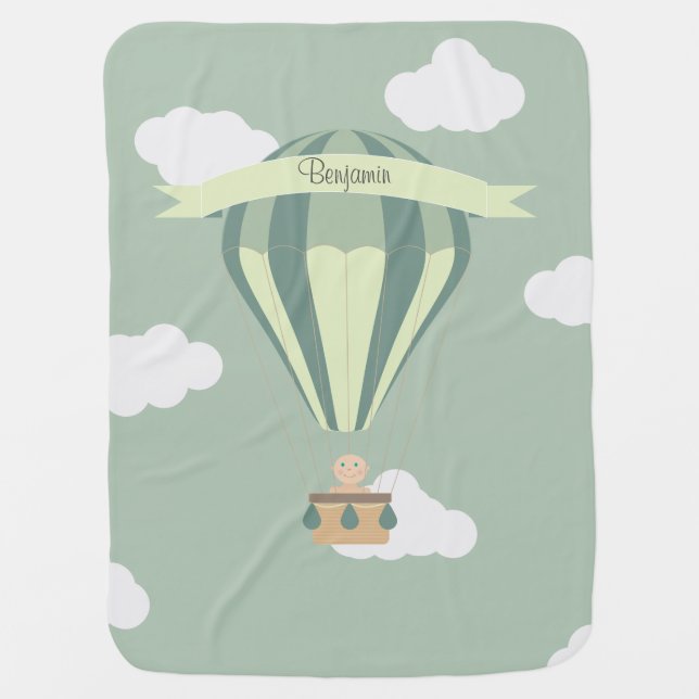 Blue and green hot air balloon personalized swaddle blanket (Front)