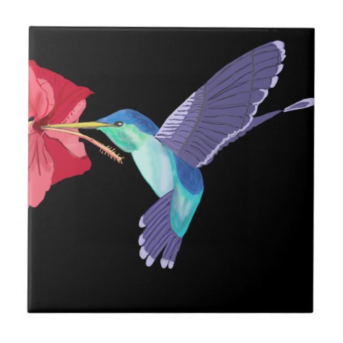 Blue and Green Hummingbird and Red Hibiscus Ceramic Tile