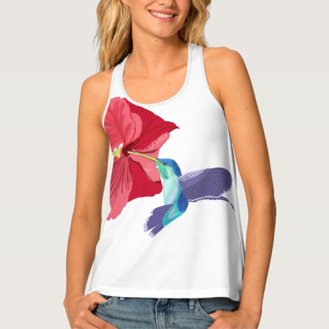 Blue and Green Hummingbird and Red Hibiscus  Tank Top (Front)
