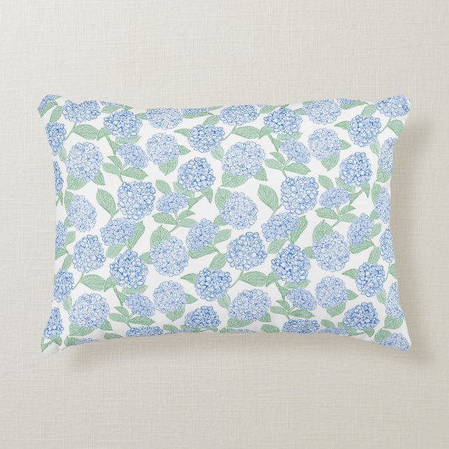 Blue and Green Hydrangea Floral Accent Pillow (Front)